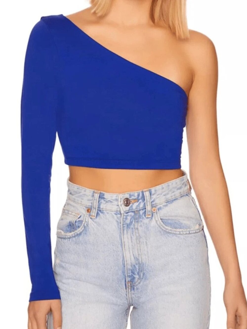 Touch Me Blue Asymmetrical Long Sleeve Crop Top SZ M